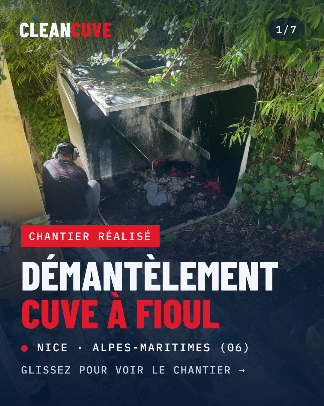 Intervention CleanCuve sur cuve à fioul métallique ouverte dans un jardin à Nice