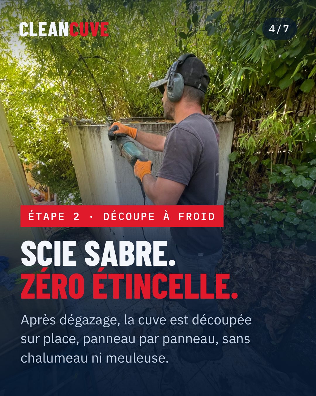 Découpe à froid de la paroi d'une cuve à fioul à la scie sabre